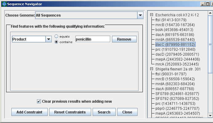 The sequence navigator seraching for genes that encode products related to penicillin